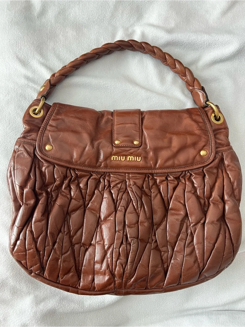 Miu Miu Cognac Braided-Handle Hobo with Gold Hardware